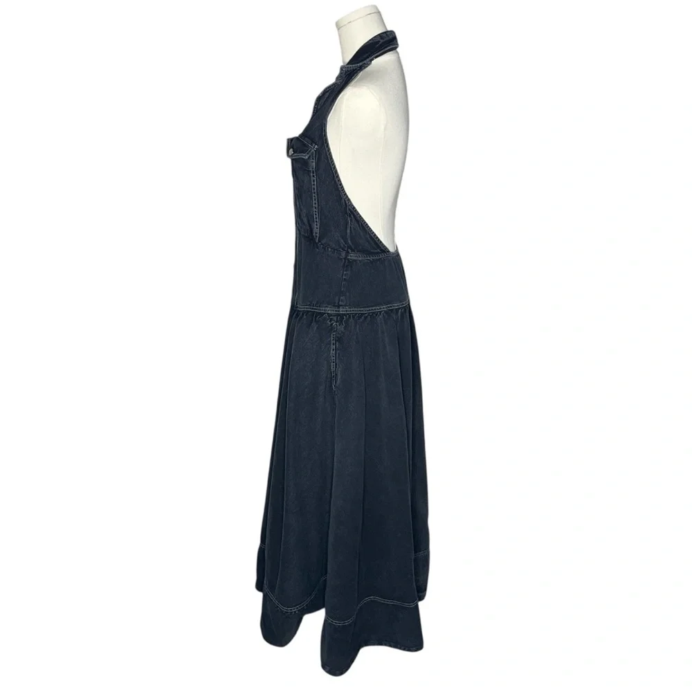 Free People Black Denim Button Down Halter Neck Backless Soundwave Maxi Dress